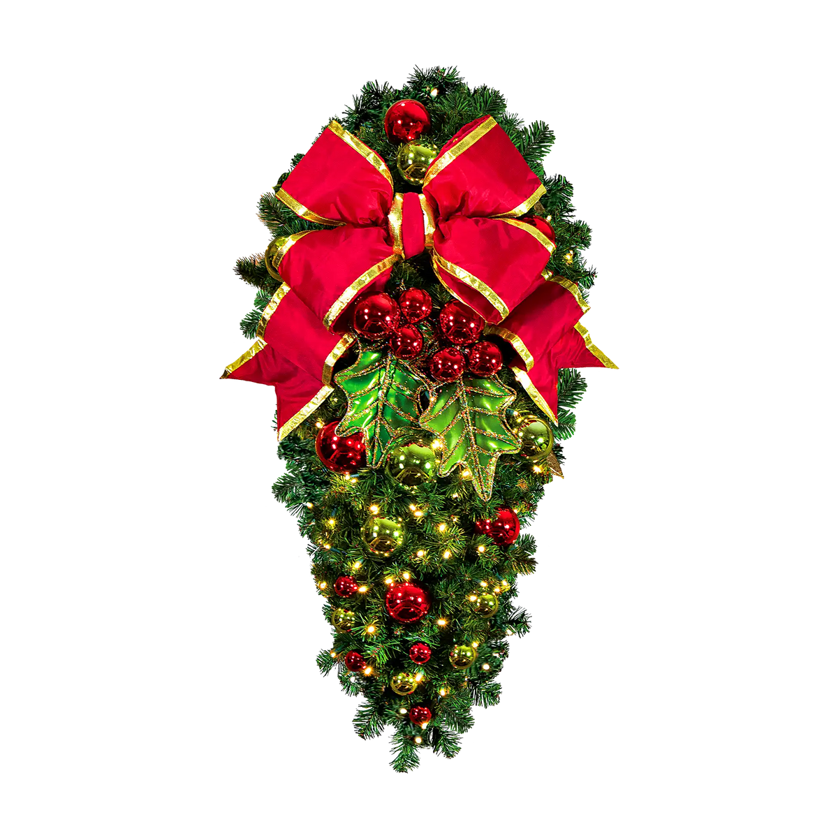 Holly Leaf Pre-Decorated Spray with Bow, 4' mountain pine foliage with 100 warm white LED mini lights