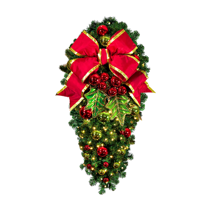 Holly Leaf Pre-Decorated Spray with Bow, 4' mountain pine foliage with 100 warm white LED mini lights