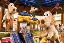 Inflatable Hanging Reindeer, oversized hanging figure 9.8' H × 7.4' L × 7.1' W for indoor displays; 250W ventilator included