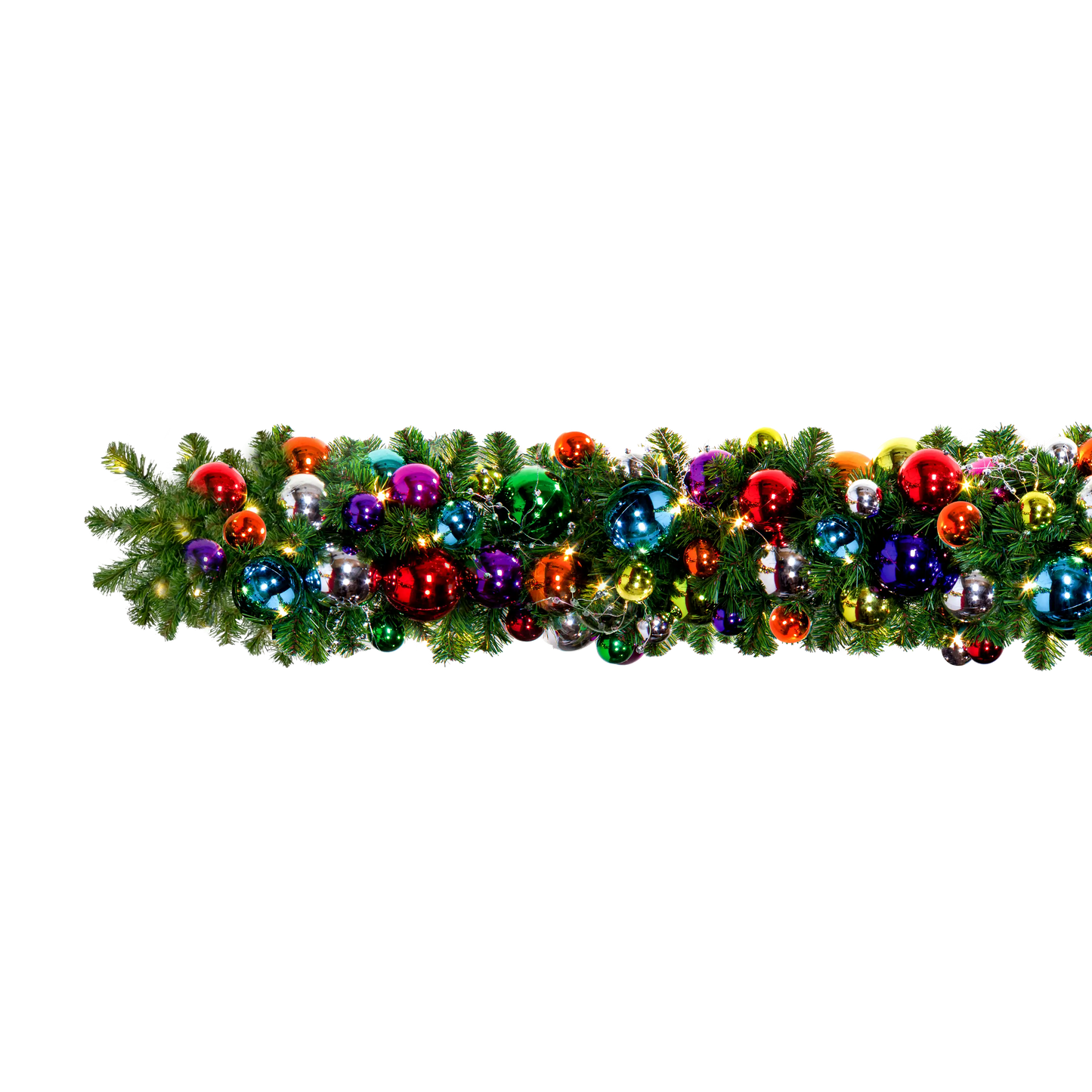 Jewel Tone Prelit Decorated Garland, 10 ft section with 150 warm white 5mm LED mini lights; pre-decorated for outdoor use