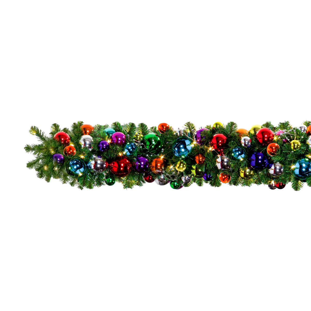 Jewel Tone Prelit Decorated Garland, 10 ft section with 150 warm white 5mm LED mini lights; pre-decorated for outdoor use