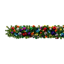 Jewel Tone Prelit Decorated Garland, 10 ft section with 150 warm white 5mm LED mini lights; pre-decorated for outdoor use