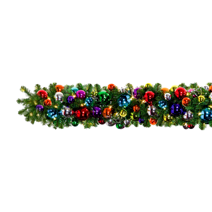 Jewel Tone Prelit Decorated Garland, 10 ft section with 150 warm white 5mm LED mini lights; pre-decorated for outdoor use
