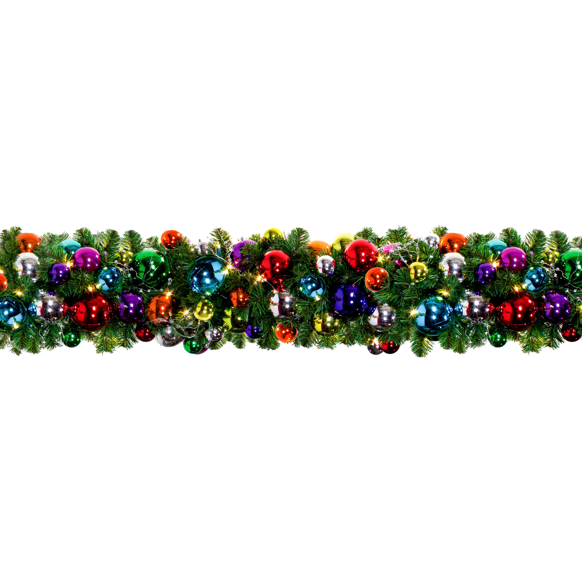Mountain pine foliage, UV-treated, 14 in wide, decorated with multicolored ornaments and silver ivy accents