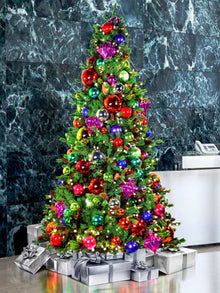 Jewel Tone Theme pre-decorated tree with jewel-tone ornaments, pre-lit with Warm White LED minis for indoor installations