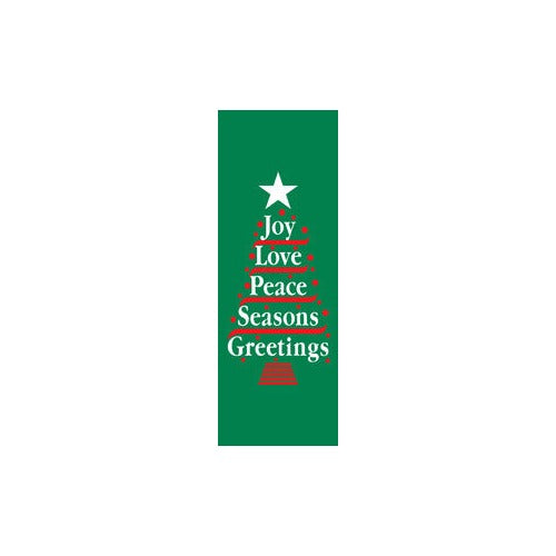 Joy Love Peace Tree light pole banner, double-sided full-color screen print on sea grass green marine acrylic fabric