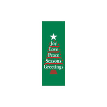 Joy Love Peace Tree light pole banner, double-sided full-color screen print on sea grass green marine acrylic fabric