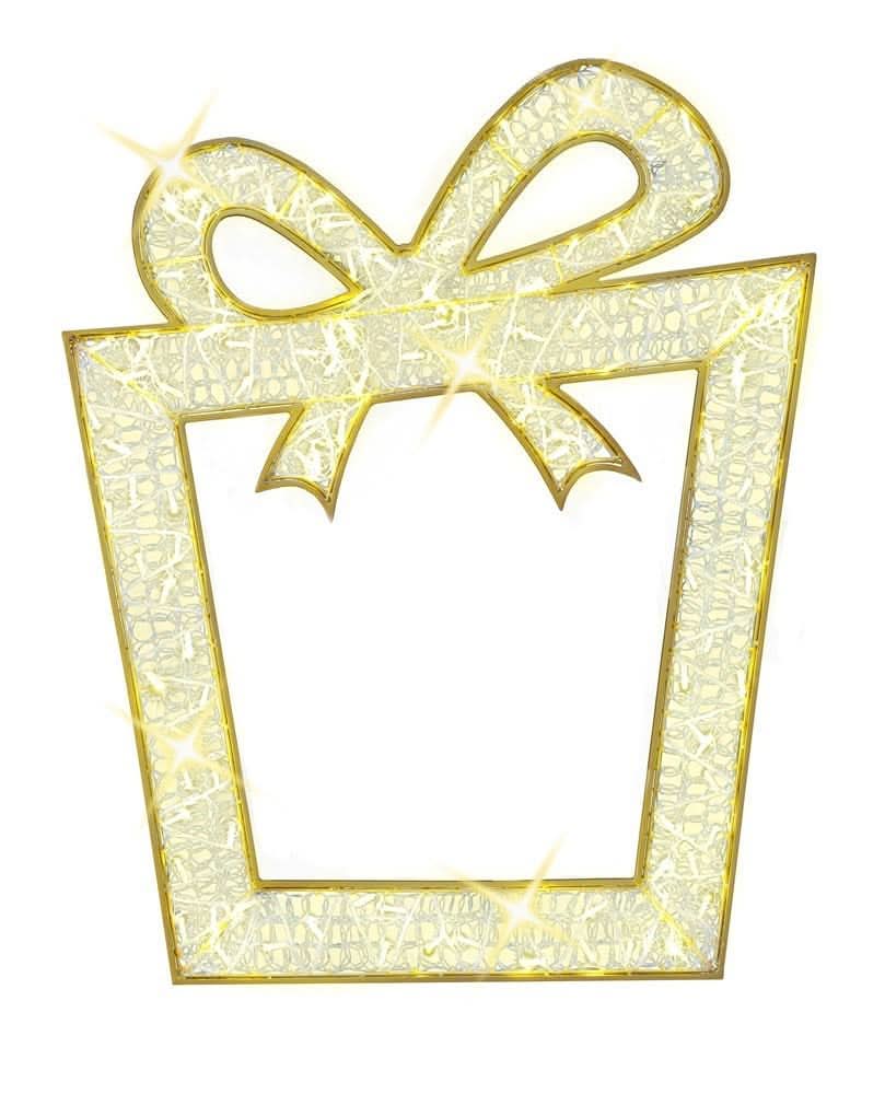 LED Lit 2D Gift Box 4.4' x 3.5' outdoor silhouette with 119 warm-white LED mini lights woven in clear silicone netting