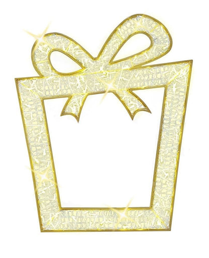 LED Lit 2D Gift Box 4.4' x 3.5' outdoor silhouette with 119 warm-white LED mini lights woven in clear silicone netting
