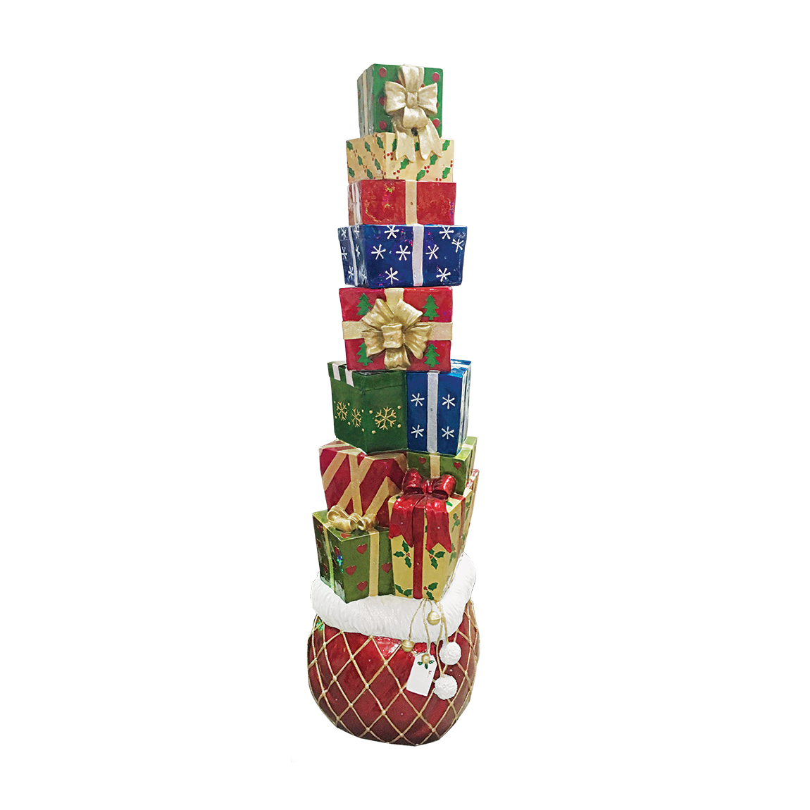 Lit Fiberglass Gift Box Stack Display, 72 inches tall with LED light accents, weighs 68 lbs