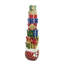 Lit Fiberglass Gift Box Stack Display, 72 inches tall with LED light accents, weighs 68 lbs