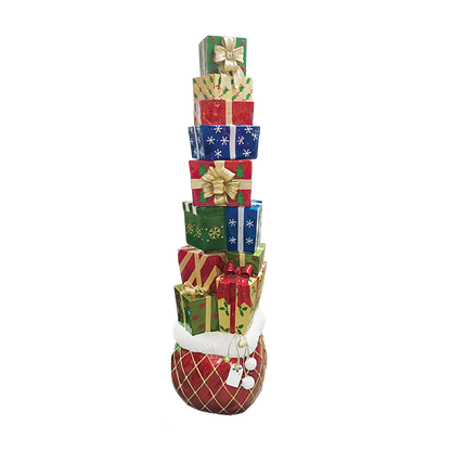 Lit Fiberglass Gift Box Stack Display, 72 inches tall with LED light accents, weighs 68 lbs