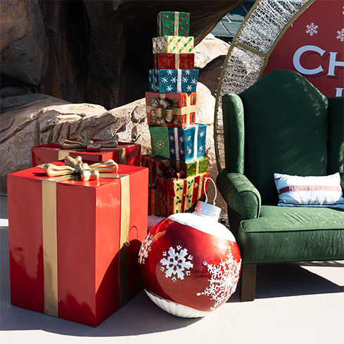 Suitable for indoor or outdoor use, lit fiberglass gift box stack display, 72 in tall with LED accents