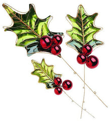Metal Holly Leaves with Ornament Berries, set of 2 holiday ornaments for tree, wreath or garland; interior or exterior use