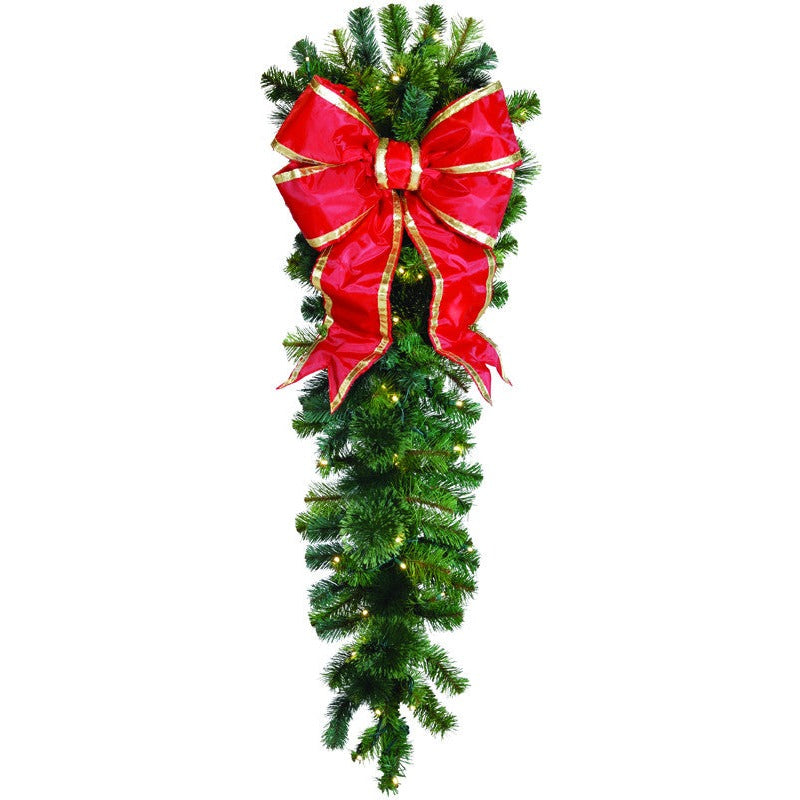Natural 4.5' column drop made from garlands with bright red bow and gold trim for interior or exterior columns and posts