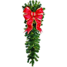 Natural 4.5' column drop made from garlands with bright red bow and gold trim for interior or exterior columns and posts