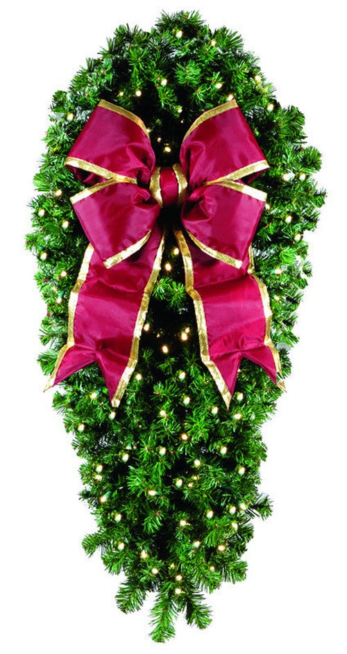 Natural 4' pine spray with 150 warm white LED bulbs and 18" burgundy bow with gold trim, for indoor/outdoor mounting