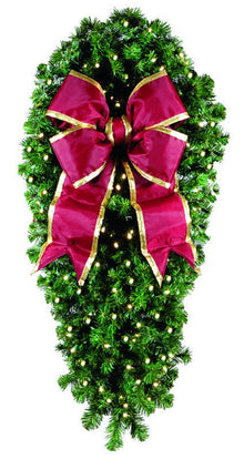 Natural 4' pine spray with 150 warm white LED bulbs and 18" burgundy bow with gold trim, for indoor/outdoor mounting