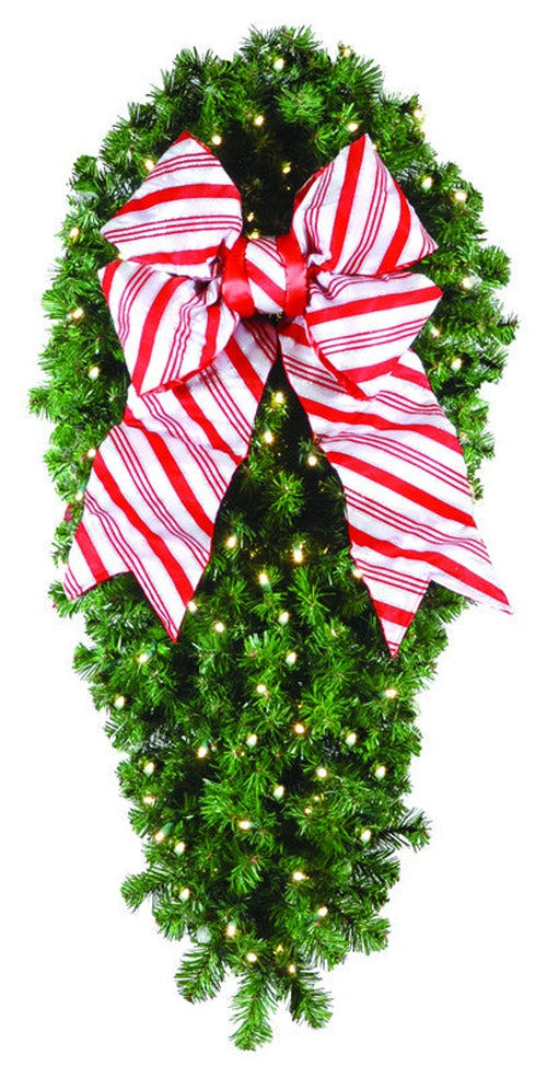 Natural 4' Spray pine garland bow with 18-inch candy cane bow, 150 warm white LEDs, 15W, for indoor or outdoor columns/posts