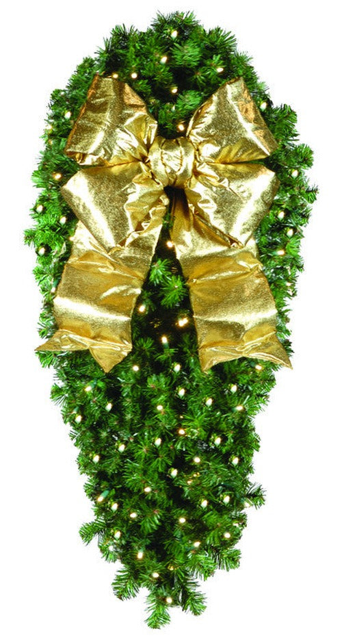 Natural 4' Spray Pre-Lit with Gold Bow , outdoor 4' commercial spray with mountain-pine foliage, powder-coated frame, 100 warm-white 5mm LEDs