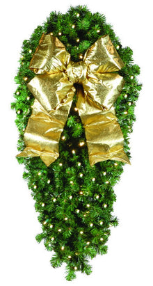 Natural 4' Spray Pre-Lit with Gold Bow , outdoor 4' commercial spray with mountain-pine foliage, powder-coated frame, 100 warm-white 5mm LEDs