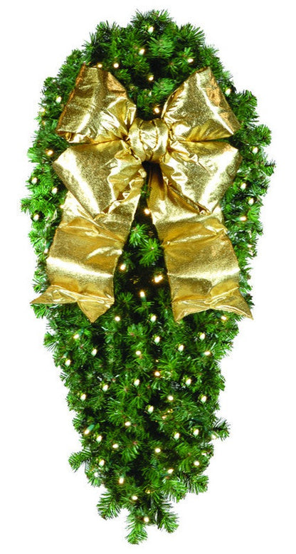 Natural 4' Spray Pre-Lit with Gold Bow , outdoor 4' commercial spray with mountain-pine foliage, powder-coated frame, 100 warm-white 5mm LEDs