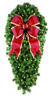 Natural 4' spray with 18" red structural bow, dense mountain pine foliage on powder-coated metal frame, 100 warm-white LEDs