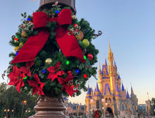 Premium Holiday Red Velvet Bow, 2 loop, no trim, on a decorated light pole wreath
