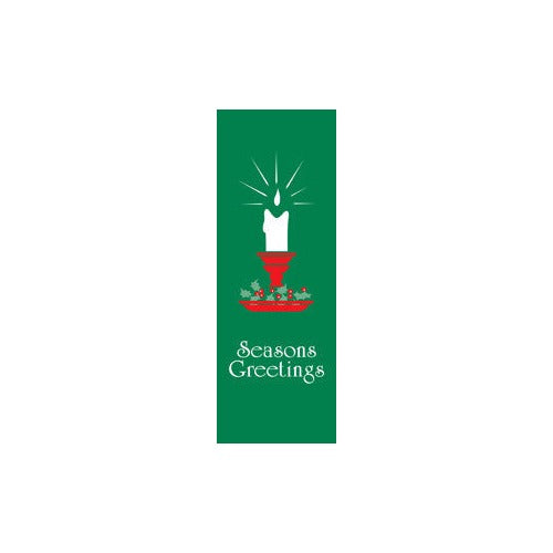 Seasons Greetings Candle Light Pole Banner, full-color screen print with white and red inks on sea grass green marine acrylic fabric