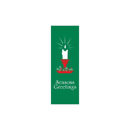Seasons Greetings Candle Light Pole Banner, full-color screen print with white and red inks on sea grass green marine acrylic fabric