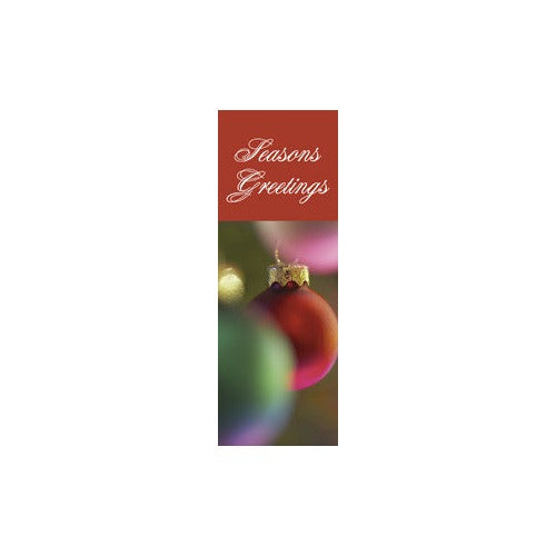Seasons Greetings Ornaments light pole banner; double-sided full-color digital print on 18 oz. reinforced vinyl.