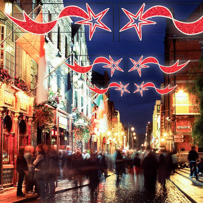 21.5' lit ropelight skyline, 150 watts, warm-white LEDs and two red shooting stars for storefronts, lobbies and municipal streets