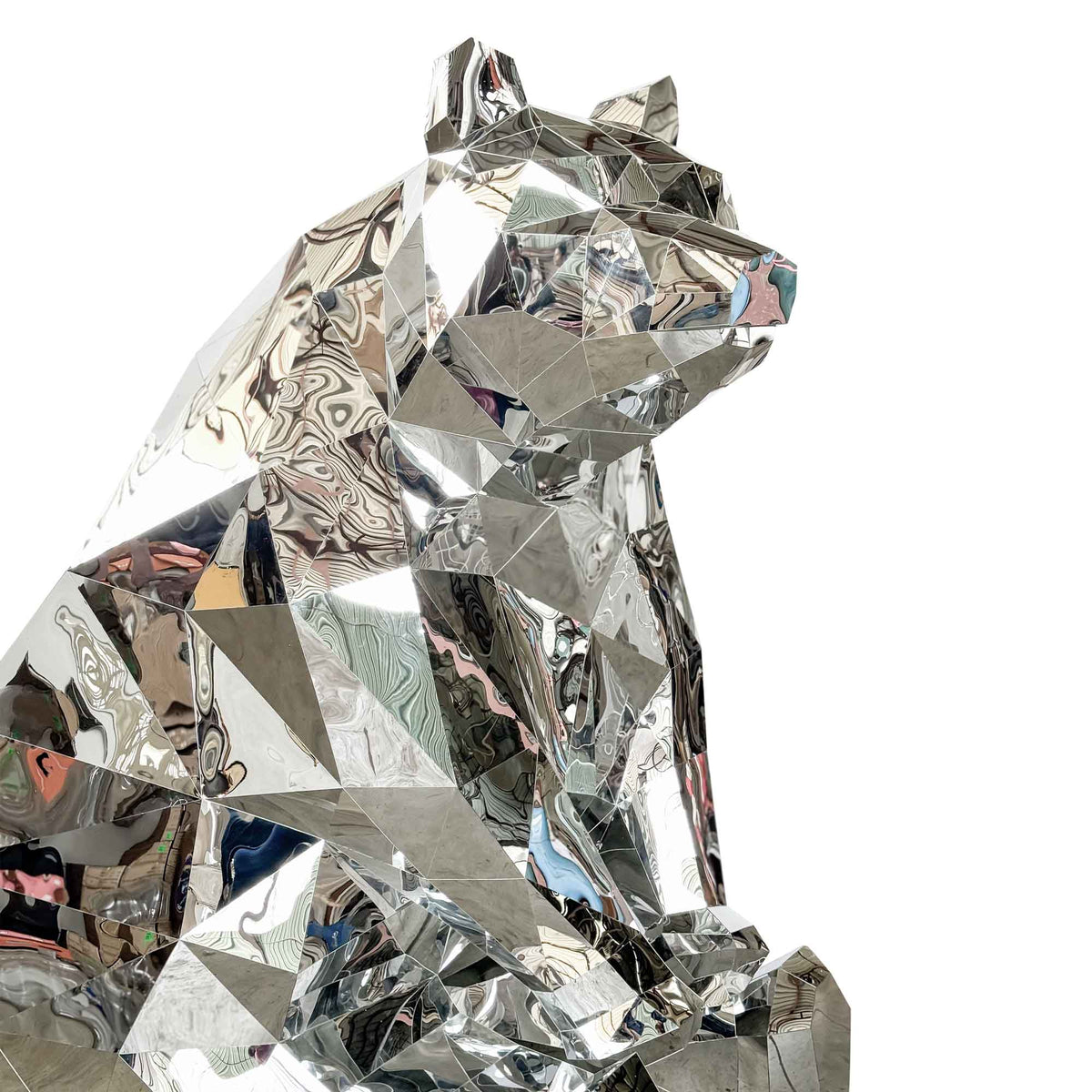 Reflective silver surface forms mirrored geometric facets on a 7' H x 4.41' W polar bear prop for lobbies and event spaces