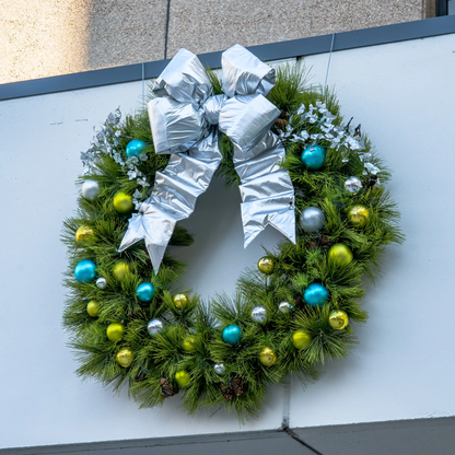 Outdoor decorative bow for large wreaths, garland, trees, facades, entrances, and municipal or retail displays