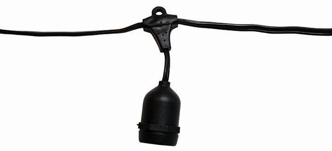 Suspended Patio Lighting Wire, 16ga black commercial-grade string with E26 sockets for festival/patio use; no bulbs
