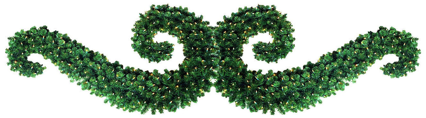 Set of two 4'6" hanging Topiary Scrolls (9' combined) made from UV-protected garland with warm white LED miniature lights