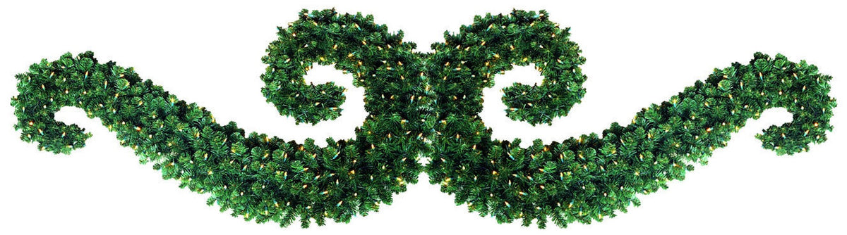 Set of two 4'6" hanging Topiary Scrolls (9' combined) made from UV-protected garland with warm white LED miniature lights
