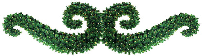 Set of two 4'6" hanging Topiary Scrolls (9' combined) made from UV-protected garland with warm white LED miniature lights
