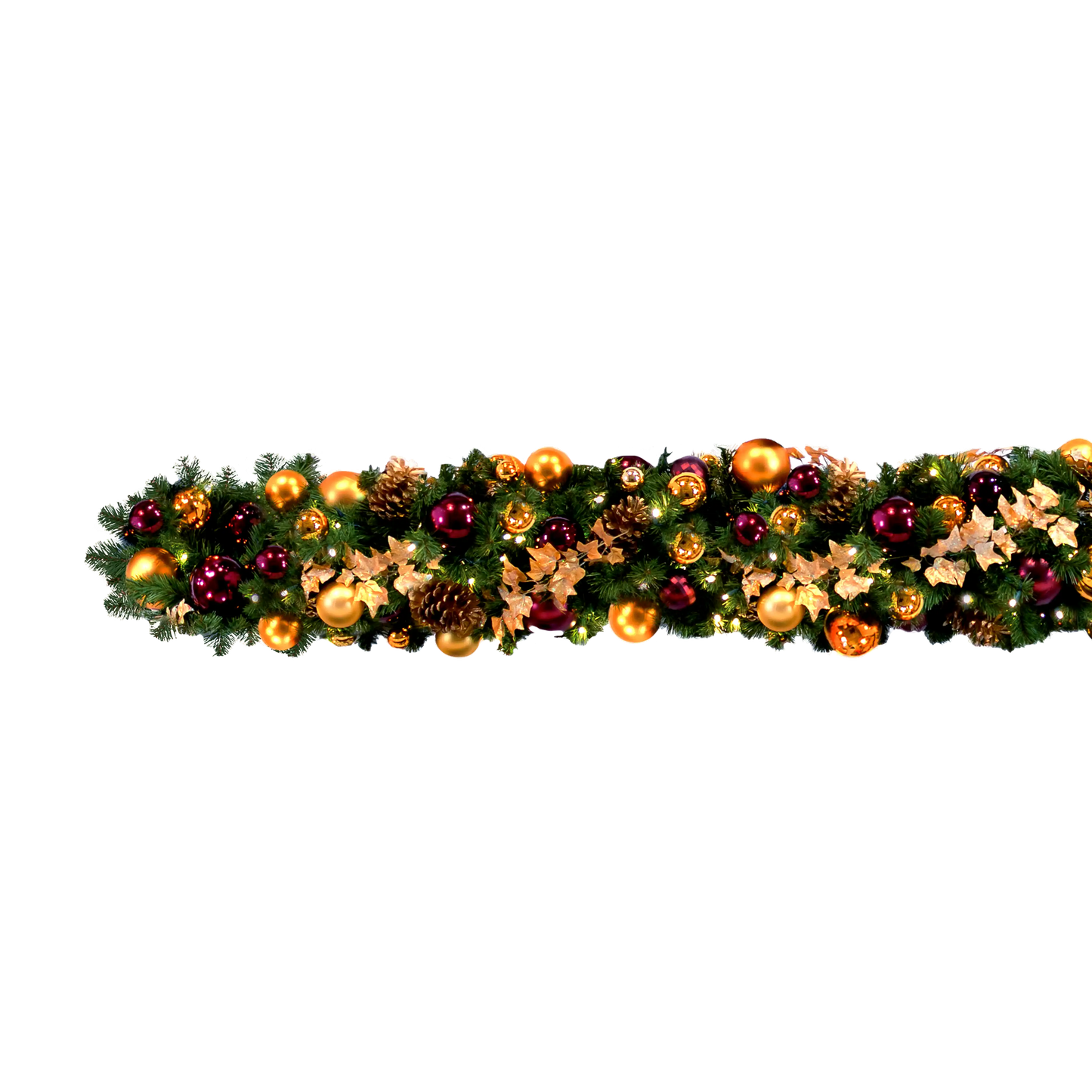 Traditional Tidings pre-decorated garland, 14" wide 10' section with mountain pine foliage and ornament clusters