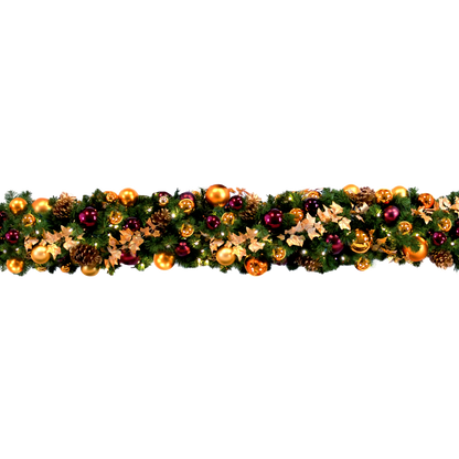 UV-treated mountain pine garland with burgundy and gold ornaments, gold pinecones, two-tone berries and champagne eucalyptus