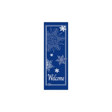 Welcome Snowflakes light pole banner, double-sided full-color screen print on ocean blue marine acrylic fabric