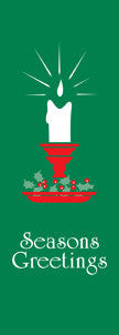 Seasons Greetings Candle Light Pole Banner, full-color screen print with white and red inks on sea grass green marine acrylic fabric