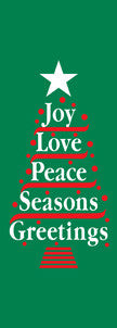 Joy Love Peace Tree light pole banner, double-sided full-color screen print on sea grass green marine acrylic fabric