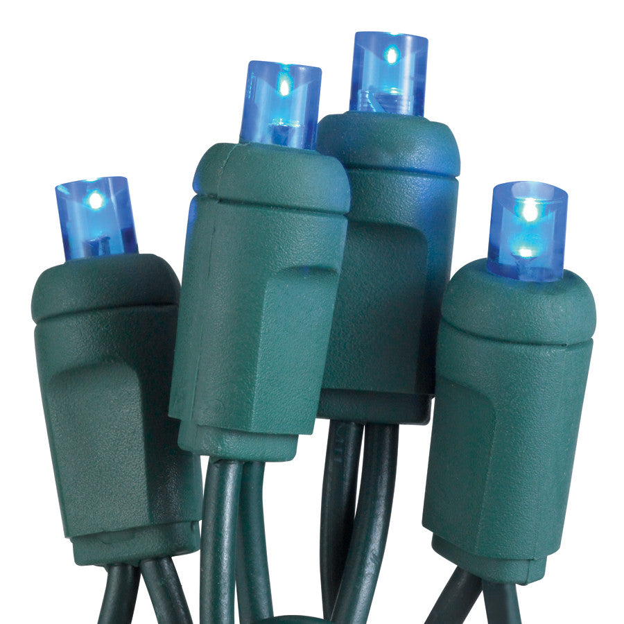 50-Light LED Blue Bulb/Green Wire Mini Lights. 6" Centers. Case Pack of 24 Sets