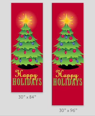 18 oz reinforced vinyl light pole banner with same art on both sides, produced on demand and stocked in sizes 30×60, 30×84, 30×94-96 in.