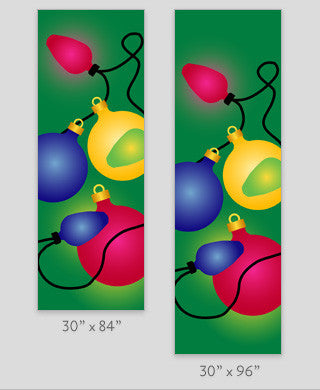 18 oz. reinforced vinyl double-sided banner with Holiday Ornaments design; available in 30" x 60", 30" x 84", 30" x 94-96"