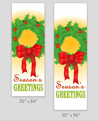 18 oz reinforced vinyl double-sided banner with full-color wreath & bow print; produced on demand, custom sizes available; min order 10