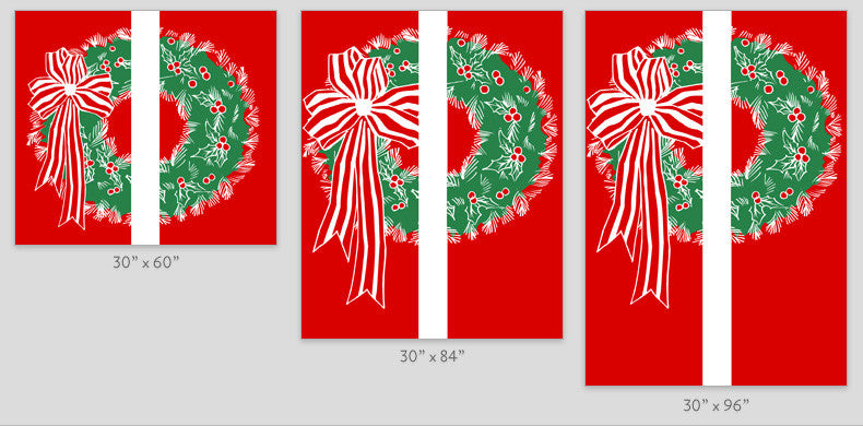 Red marine acrylic light pole banner, white & green screen-printed wreath designs; double designs, available 30×60, 30×84, 30×94-96 in