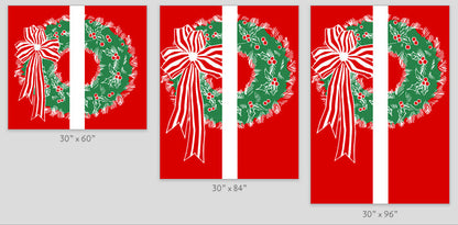Red marine acrylic light pole banner, white & green screen-printed wreath designs; double designs, available 30×60, 30×84, 30×94-96 in