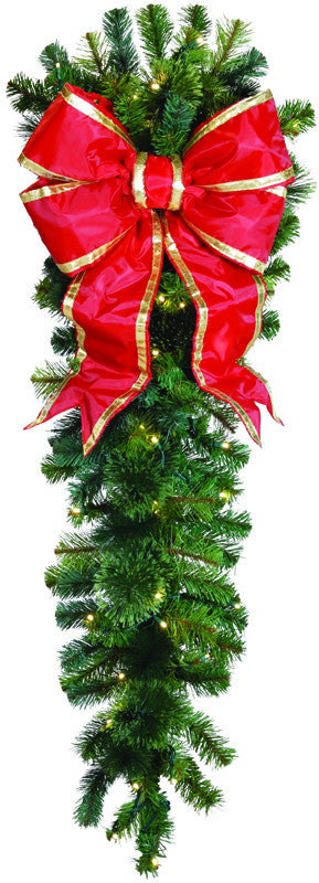 Natural 4.5' column drop made from garlands with bright red bow and gold trim for interior or exterior columns and posts